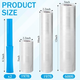 Maitys 3 Pack Industrial Mini Clear Plastic Stretch Wrap Film Different Size 80 Gauge Stretch Film Roll Moving Shipping Wrapping Plastic Roll Film up to 500% Stretch with 2 Handles for Pallet Packing