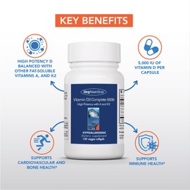 Allergy Research Group Vitamin D3 Complete 5000 IU - Vitamin D3 and K2 Supplement, Daily Balance, with Vitamin A, DeltaGold Tocotrienols, High Potency, Veggie Softgels - 120 Count