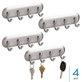 iDesign Self-Adhesive Key Rack with 4 Hooks - Key Holder for Wall - Set of 4 - Brushed/Chrome