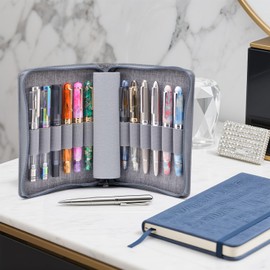 Asvine Pencil Case for 12 Fountain Pens, Grey, Organizer Bag Made of High Quality Waterproof Canvas Pen Holder Single Slot with Zipper