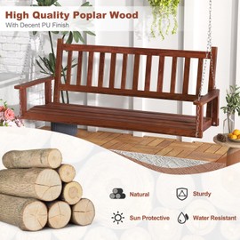 Tangkula 3 Person Wooden Porch Swing, Hanging Patio Swing with 2 Adjustable Galvanized Metal Chains, Slatted Back & Seat, Outdoor Swing Bench for Backyard Deck Garden, 5FT