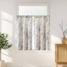 Jinchan - Cortinas de cocina de lino con diseño floral de 45 pulgadas, cortinas de café botánico, cortinas de ventana pequeña, cortinas de media ventana rústica para sala de estar, baño, lavandería, 2