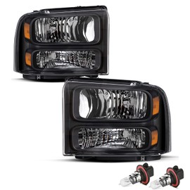 JSBOYAT Headlight Assembly Bulbs Included Compatible with 2005-2007 Ford F250 F350 F450 F550 Super Duty / 2005 Ford Excursion Passenger and Driver Side, Black Housing with Amber Reflector