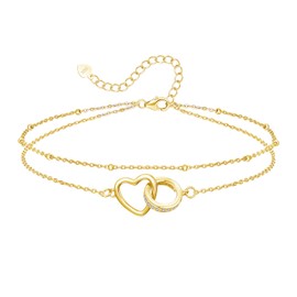 Loutade Silver Anklet for Women, 925 Sterling Silver Anklet Bracelet, 22 + 5 cm Adjustable Summer Barefoot Beach Double Anklet, Infinity Layered Anklet with Heart Design Foot Jewellery, Stone