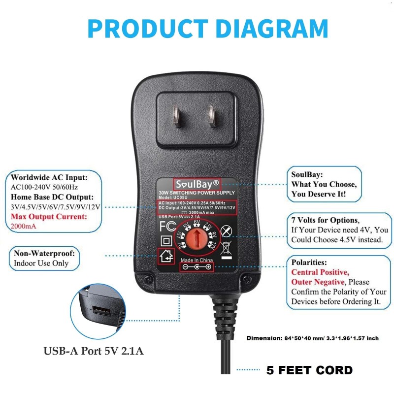 SoulBay 12V Power Supply Universal AC DC Adapter Charger with
