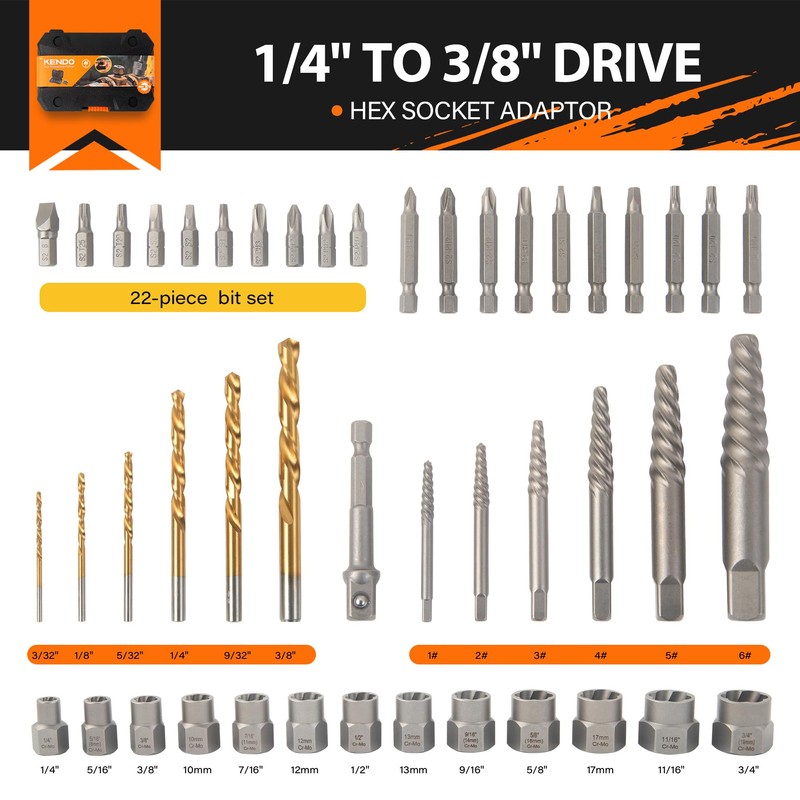 KENDO 46PC HSS Damaged Screw Extractor Set - Remover for
