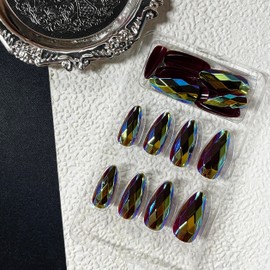 MERVF Press on Nails Almond Medium, Black Electroplated Fake Nails Glitter Glue ons Acrylic Nail Diamond-shaped Design Manicure Glossy 24pcs