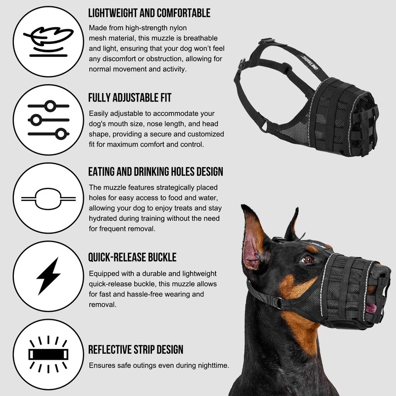 OneTigris Dog Muzzle, Military-Grade Soft Muzzles, Reflective Breathable Adjustable Dog