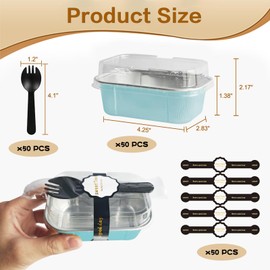 OBXMLFY - Mini sartenes para pan con tapas y cucharas, paquete de 50, mini latas rectangulares de 6.5 onzas para tartas individuales desechables de papel de aluminio pequeño (50, Wathet)