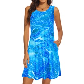 Summer Dresses for Women 2025 Casual Sundresses Beach Cover Ups Sleeveless Tshirt Swing Dress with Pockets X-Large Blue Waves