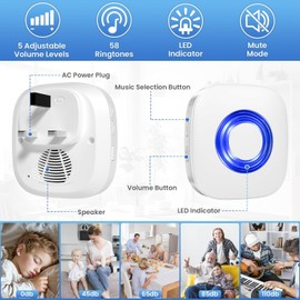 Wireless Doorbell Kit, PHYSEN 400m Waterproof Plug in Doorbell Cordless, 4 Receivers + 2 Push Button, Door Bell Chime Kit with 5 Level Volume & LED Flash, 58 Chimes, Easy Install at Home & Apartment