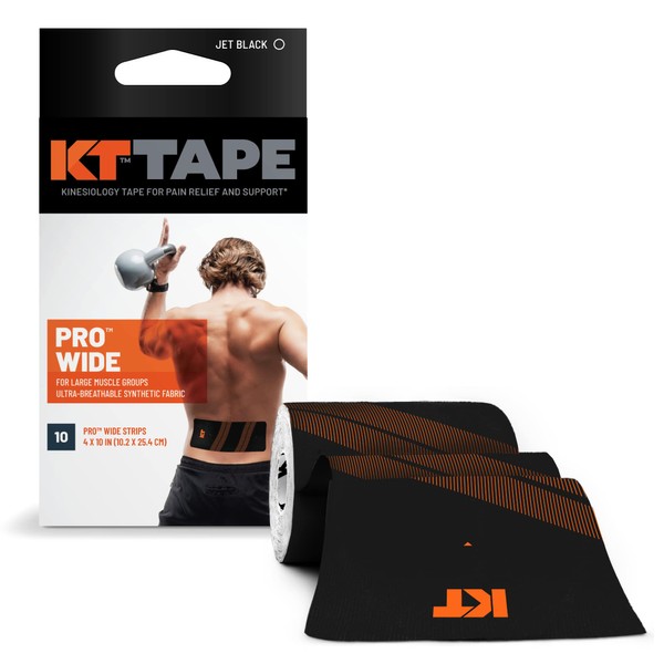 KT Tape, Pro Synthetic Kinesiology Athletic Tape, 10 Count, 10” Precut Wide Strips, Black