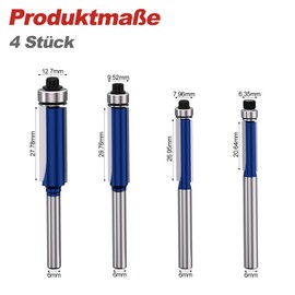 APIELE 4 Piece Flush Cutter Set Ball Bearing Mounted on Both Sides 6 mm Shank for Wood Cutter Cutting Woodworking