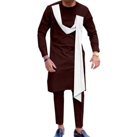 African Clothes for Men Dashiki Shirts and Pants 2 Piece Set Tribal Outfits Top Pant Tracksuit Brown Large