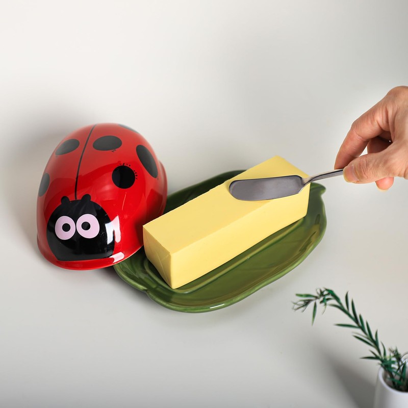 Bicuzat Ceramic Ladybug and Leaf Butter Dish with Lid, Butter