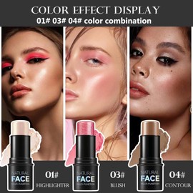 3 Pcs Contour Highlighter Blush Sticks - Cream Bronzer & Contour Stick Kit for Cheeks, Eyes, Lips - Long Lasting Waterproof Smooth Multi Stick Face Makeup Set - All Skin Types