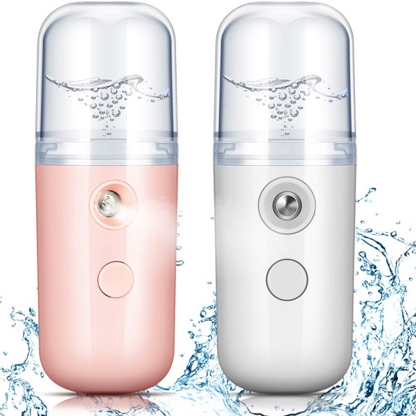 2 piezas Nano Facial Mister 30 ml Mini humidificador facial portátil pulverizador facial recargable por USB, práctica máquina de cuidado de la piel para hidratación facial, maquillaje diario (blanco y rosa claro)