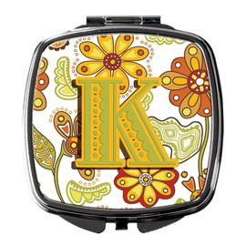Caroline's Treasures CJ2003-KSCM Letter K Floral Mustard and Green Compact Mirror Decorative Travel Makeup Mirror for Women Girls Gifts Pocket Makeup Mirror Folding Handheld