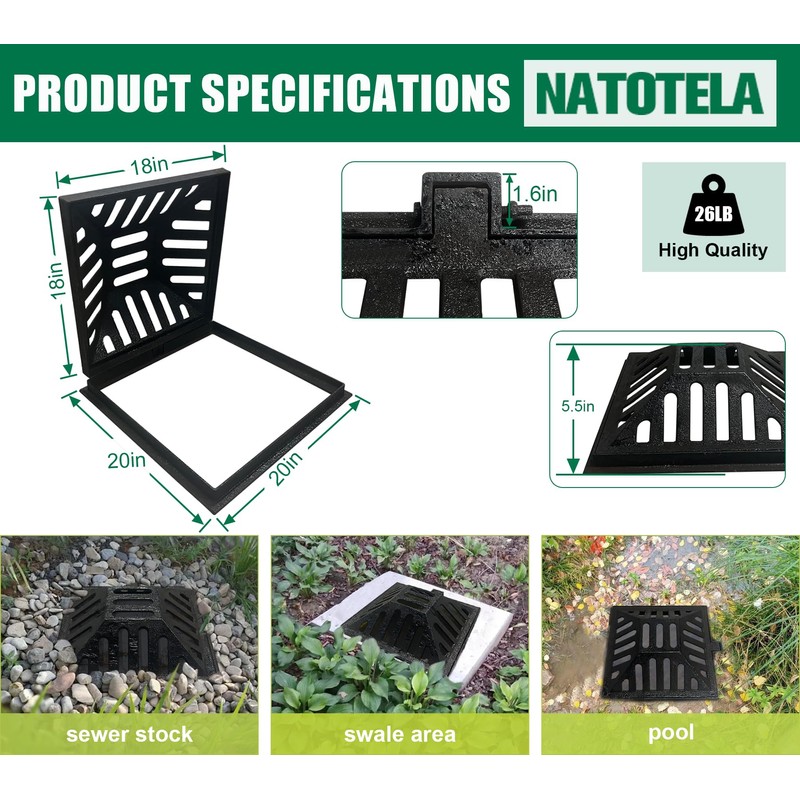 Ductile Iron Atrium Grate and Frame,18x18in Square Beehive Catch Basin