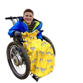 Bundlebean Children’s Wheelchair Cosy – Fleece‑Backed Waterproof Nylon, Front Hand-Warming Pouch, Adjustable Straps – Universal Fit for Wheelchair and Special Needs Buggy - Child Size (Yellow/Zebras)