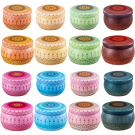 Domivirgo Candle Tins with Lid,16pcs 8 Designs Tinplate Cans with Wicks, Wick Holders, Wick Stickers for Candle Making(2.5oz X 8 PCS &4.5oz X 8 PCS)