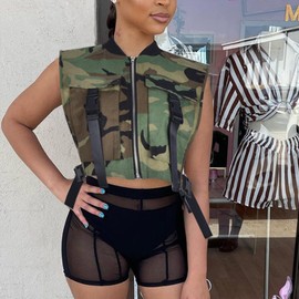 LETSVDO Women Camo Vest Cargo Buckle Safari Camouflage Army Fatigue Military Tactical Sleeveless Pockets Jogging Crop Tank Top Jacket