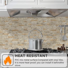 STICKGOO Peel and Stick Backsplash Tile, Stick on Backsplash for Kitchen and Bathroom, Stone Beige Marble Look PVC Mixed Metal Gold Self Adhesive Wall Tiles(10 Sheets)