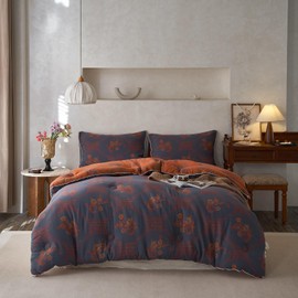 mixinni Vintage Floral Comforter Set Full Size, All Seasons Muslin Cotton Bedding Set, 3 Pieces Farmhouse Shabby Chic Jacquard Floral Comforter Set Perfect for Women and Men-Grayish Blue/Pumpkin