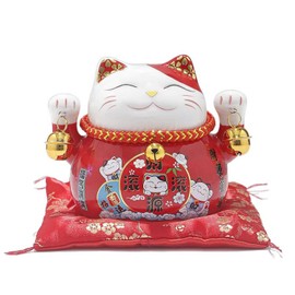 MYDILI Good Luck Maneki Cat, Piggy Bank, Feng Shui, Store Opening Celebration, Business Prosperity, New Store Opening, Figurine, Interior Figurine, Money Luck Up, Includes Cushion (Inviting Wealth Red