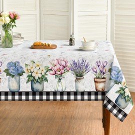 Horaldaily Spring Summer Tablecloth 60x84 Inch, Easter Watercolor Tulip Lavender Hydrangea Vase Blooming Floral Table Cover for Party Picnic Dinner Decor
