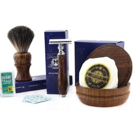 4 Pcs Wooden Shaving Set with De Safety Razor,Badger Hair Brush
