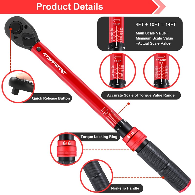 ATsafepro 1/2-Inch Drive Click Torque Wrench,10-170FT.LB/13.6-230.5N/M & Dual-Direction, 72-Tooth Dual