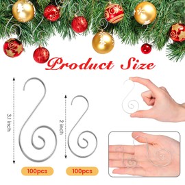 200 Pcs Christmas Ornaments Hooks, 2 Inch and 3.1 Inch S Shaped Christmas Tree Ornament Hangers Xmas Swirl Metal Hanging Hooks for Xmas Tree Balls Decoration(Silver)