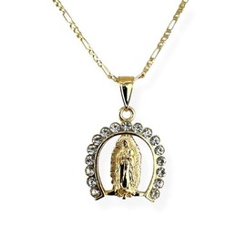 Our Lady of Guadalupe Virgin Mary Horseshoe Gold Plated Pendant Charm with Rhinestones Necklace Cadena Collar Chapa de Oro Religious Gift