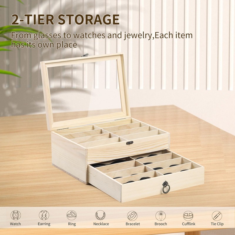 AUTOARK Pine Wood 16 Piece Eyeglasses Storage and Sunglass Glasses