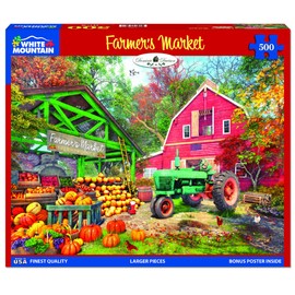 White Mountain - Farmer’s Market, 500 Piece Jigsaw Puzzle, Farm Puzzle, Big Red Barn, Pumpkins