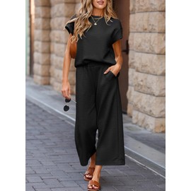 SHEWIN 2 Two Piece Outfits for Women 2025 Textured Lightweight Womens Lounge Set Sweatsuits Sweat Set Short Sleeve Tops Wide Leg Pants Fall Clothes Black X-Large