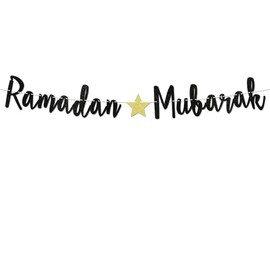 Ramadan Mubarak Banner - Eid Mubarak, Eid ul-Adha Party Decor, Ramadan Kareem Decor, Muslim Fireplace Mantel Party Decorations Black Glitter (Pre-Strung)