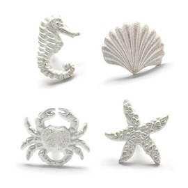 Primst Beach Ocean Theme Cast Iron Drawer Knobs, Sea Horse Starfish Crab and Seashell Cabinet Handle Pulls for Drawer, Door, Dresser, Cupboard, Pack of 4 (White)