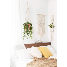 Mkono Macrame Plant Hanger Indoor Hanging Planter Basket with Wood Beads Decorative Flower Pot Holder No Tassels for Indoor Outdoor Boho Home Decor 35 Inch, Ivory, Set of 2