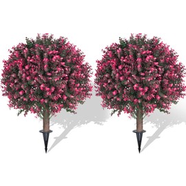 VSMHERBNR Artificial Rose Boxwood Topiary Ball Bush, 2 Pack of 27 Faux Greenery Shrubs with Ground Spike, UV Resistant Evergreen Fake Plants for Outdoor, Porch, Home, Yard