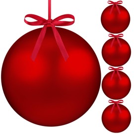 Weysat 4 Pcs 8 Inch Extra Large Fillable Christmas Ball Ornaments Giant Matte Red Plastic Christmas Tree Ornaments Balls with Hanging Ribbons for Outside Lawn Yard Tree Decorations