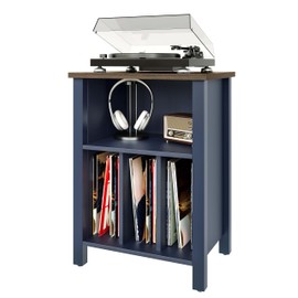 Record Player Stand, Vinyl Record Storage Table End Table with Display Shelf Holds up to 130 Albums, Large Nightstand Wood Turntable Stand Cabinet Side Table for Living Room, Bedroom, Blue