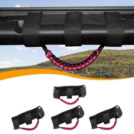 Hoolcar 4 x Roll Bar Grab Handles Paracord Grip Handles Compatible with 1955-2023 Jeep Wrangler YJ TJ JK JKU JL JLU & Gladiator JT, Black & Pink, Interior Accessories
