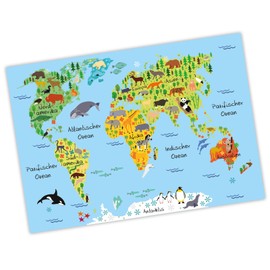 nikima Children's World Map Blue Poster Animals Earth Wall Picture Children's Room Beautiful Wall Decoration Continents (A1-841 x 594 mm)