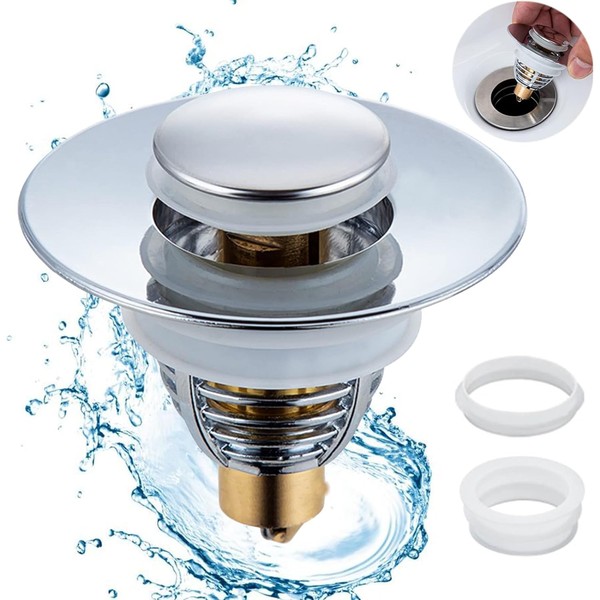 Cunsieun Diameter 32-42 mm Sink Drain Plug, Universal Pop Up Plug Sink with 2 Seals, Drain Plug Drain Fitting with Anti Clogging Strainer, for Countertop Washbasin, Bath Plug