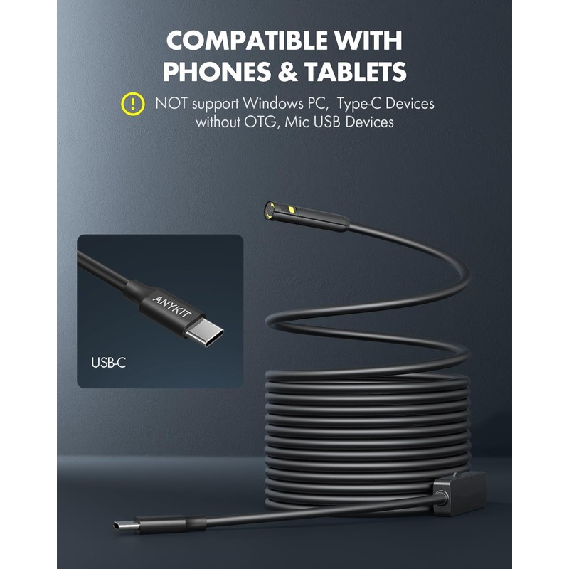 Anykit Dual Lens Endoscope Camera with Adjustable Lights, Type C