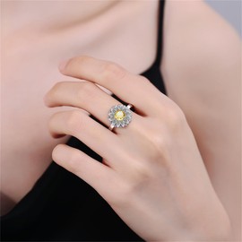 Vintage CZ Daisy Flower Statement Ring for Women Silver Gold-Toned Fashion Yellow Crystal Floral Adjustable Expandable Wrap Finger Rings Comfort Fit Dainty Wedding Engagement Jewelry (Silver Plated)