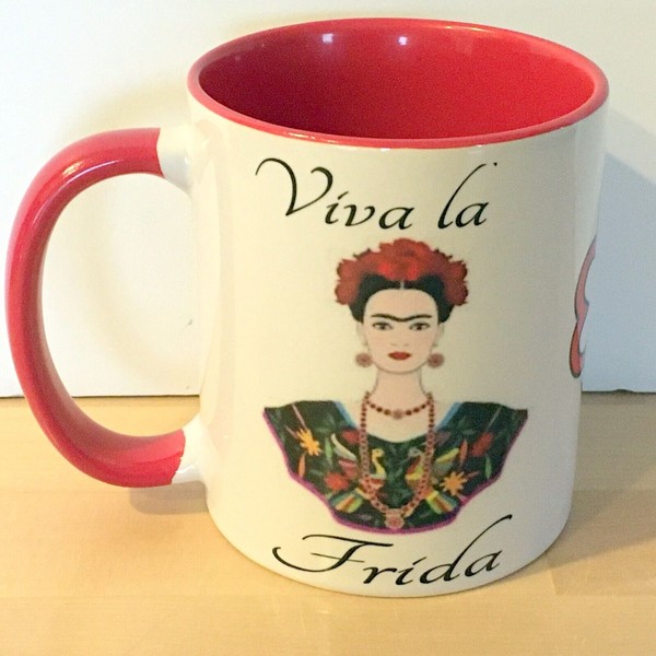 FRIDA KAHLO Coffee Mug 11 oz, VIVA LA FRIDA 2- sided White Red inside handle
