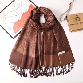 Becolored Paisley Pashmina Silk Scarf Shawl Jacquard Cashmere Wrap Stole Two Tones Reversible (2-Camel Brown)